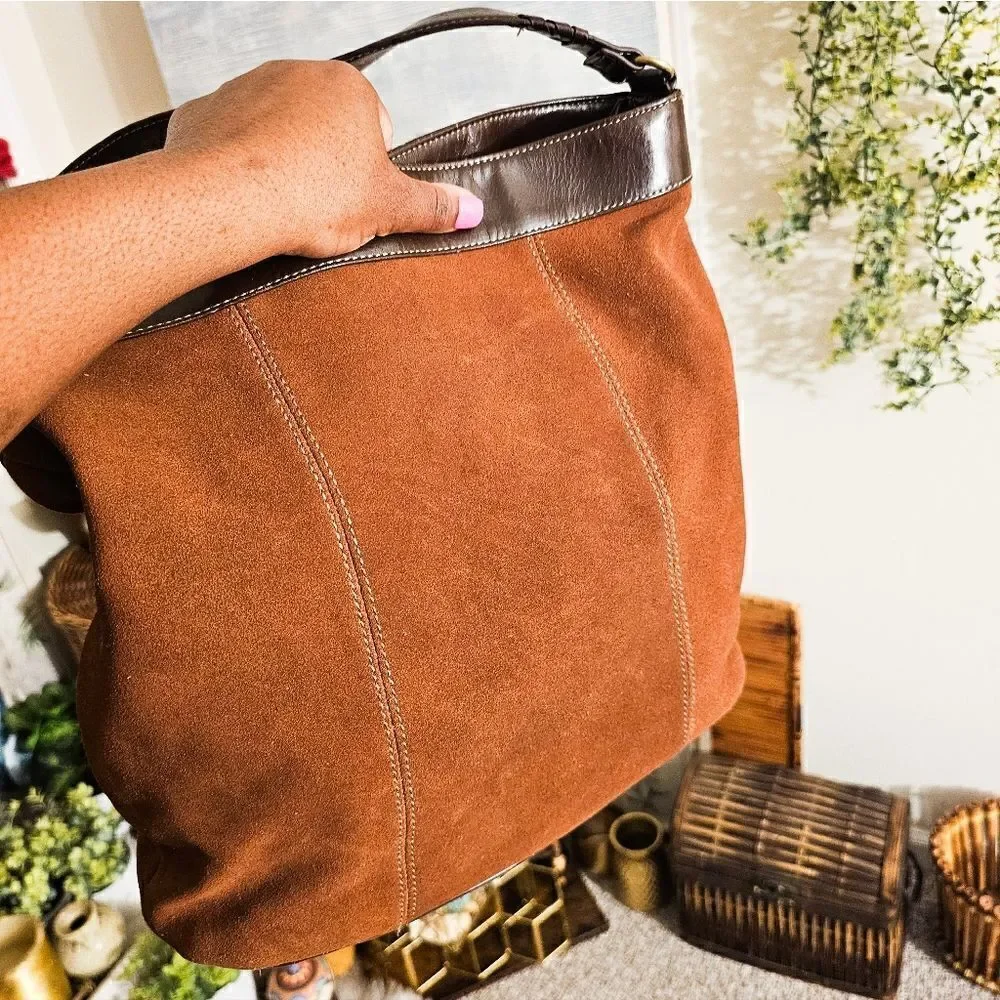 Tignanello Brown Suede Stylish Hobo Handbag.